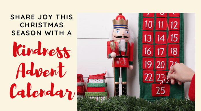 advent calendar with a nutcracker and pine garland and "Share Joy This Christmas Season with a Kindness Advent Calendar" in text and MMC logo