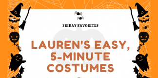 orange background with black jack o lanterns, ghosts, bats, pumpkins, and balloons with "Friday Favorites: Lauren's Easy, 5-Minute Costumes" in text with MMC logo