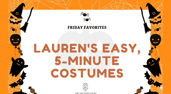 orange background with black jack o lanterns, ghosts, bats, pumpkins, and balloons with "Friday Favorites: Lauren's Easy, 5-Minute Costumes" in text with MMC logo