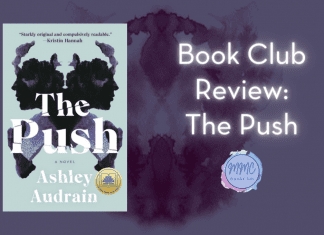 The Push book with a dark purple Rorschach image and "Book Club Review: The Push" in text