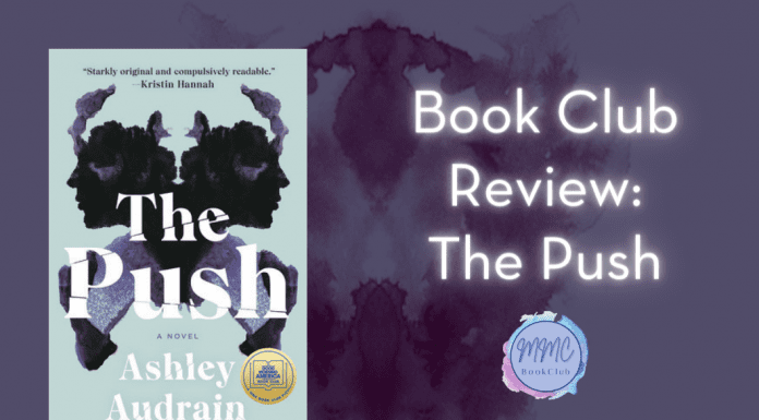 The Push book with a dark purple Rorschach image and "Book Club Review: The Push" in text
