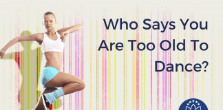 woman leaping in a dance with multicolor stripes and "Who Says You Are Too Old to Dance" in text with MMC logo