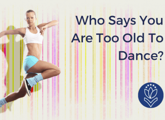 woman leaping in a dance with multicolor stripes and "Who Says You Are Too Old to Dance" in text with MMC logo