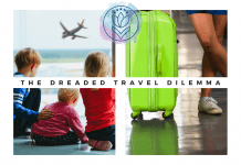 children waiting in airport and a travel case with "The Dreaded Travel Dilemma" in text and MMC logo