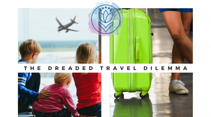 children waiting in airport and a travel case with "The Dreaded Travel Dilemma" in text and MMC logo