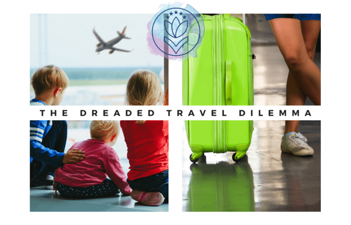 children waiting in airport and a travel case with 
