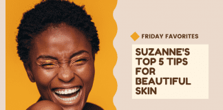 woman laughing on a golden yellow background with "Friday Favorites: Suzanne's Top 5 Tips for Beautiful Skin" in text