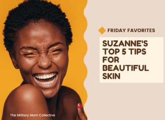 woman laughing on a golden yellow background with "Friday Favorites: Suzanne's Top 5 Tips for Beautiful Skin" in text