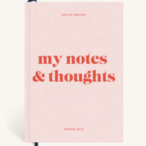 pink notebook with "my notes and thoughts" on the cover