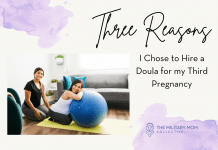 doula and a pregnant woman using a inflatable ball with purple ink elements and "Three Reasons I Chose to Hire a Doula for my 3rd Pregnancy" in text and MMC logo
