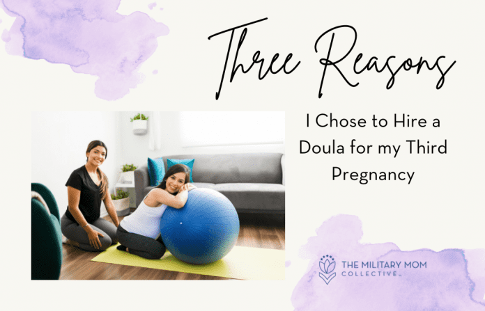 doula and a pregnant woman using a inflatable ball with purple ink elements and 