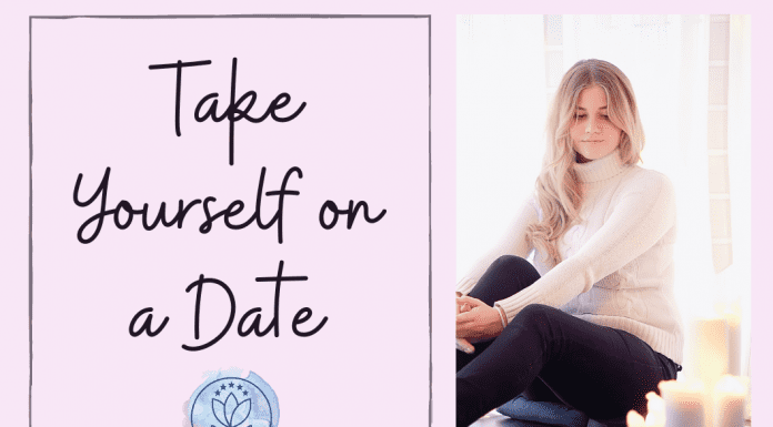 woman sitting alone with candles and "Take Yourself on a Date" in text with MMC logo