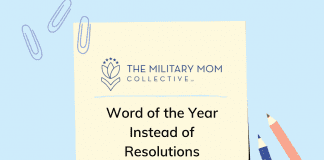 a blue background with a sheet of paper with the MMC logo and "Word of the Year Instead of Resolutions" in text, paper clips and blue and red pens on the sides
