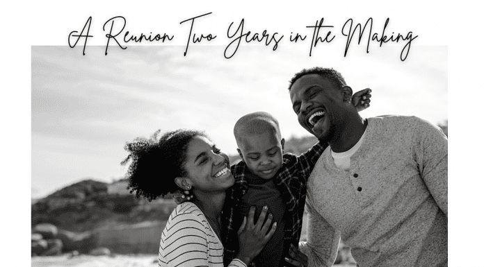 family laughing together in a black and white photo with "A Reunion Two Years in the Making" in text and MMC logo