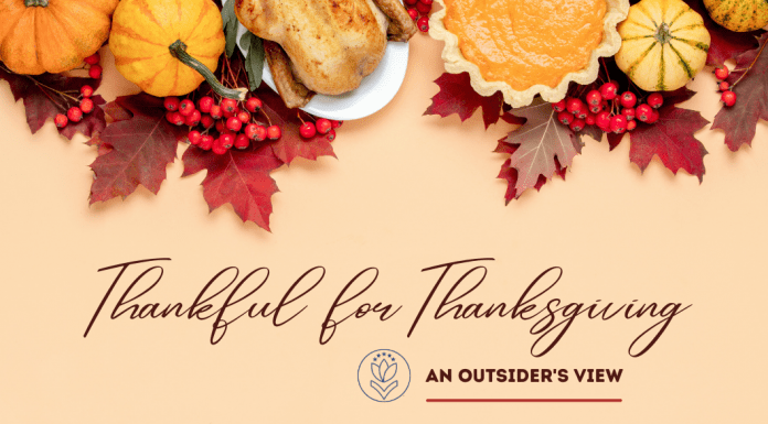 Thanksgiving meal with pumpkin and leaf accents with "Thankful for Thanksgiving: An Outsider's View" in text with MMC logo