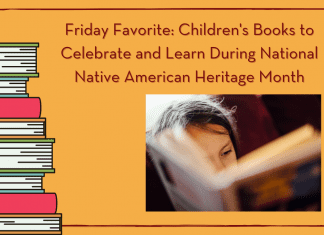 golden yellow background with a stack of books on the left, a photo of child reading, and "Friday Favorite: Children's Books to Celebrate and Learn During National Native American Heritage Month" in text