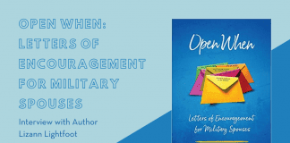 Open When: Letters of Encouragement for Military Spouses Interview with Lizann Lightfoot" in text with the book of that title and MMC logo on light blue and blue background