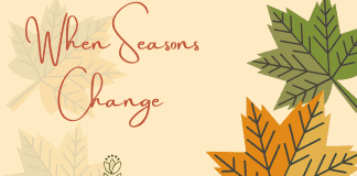 fall leaves in green and orange with faded leaves on a pale yellow background with "When Seasons Change" in text and MMC logo