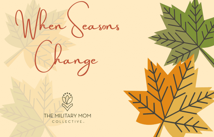 fall leaves in green and orange with faded leaves on a pale yellow background with 