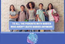 group of teenagers standing against a brick wall. "To All The Parents With Babies Who Aren't Quite Babies Anymore" in text with MMC logo