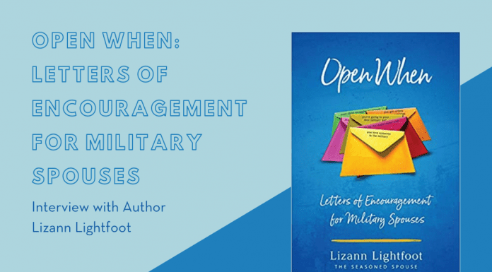Open When: Letters of Encouragement for Military Spouses Interview with Lizann Lightfoot" in text with the book of that title and MMC logo on light blue and blue background