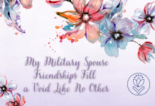 pale purple watercolor and floral design with blues and pinks and "My Military Spouse Friendships Fill a Void Like No Other" in cursive text and MMC logo