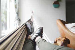 person wearing trainers and resting in a hammock with a dog watching