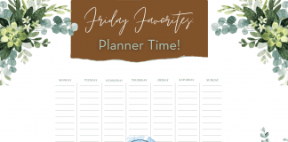 green leaves and flowers with a weekly planner and MMC logo. "Friday Favorites: Planner Time!" in text