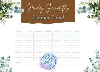 green leaves and flowers with a weekly planner and MMC logo. "Friday Favorites: Planner Time!" in text