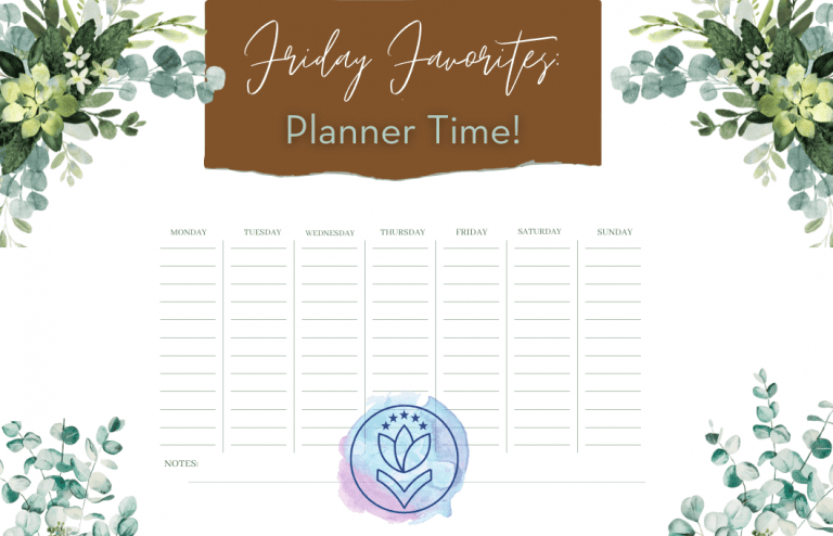 green leaves and flowers with a weekly planner and MMC logo. 