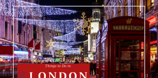 London street at Christmas with lights strung up and festive decorations