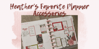 planner with stickers and "Heather's Favorite Planner Accessories" in text