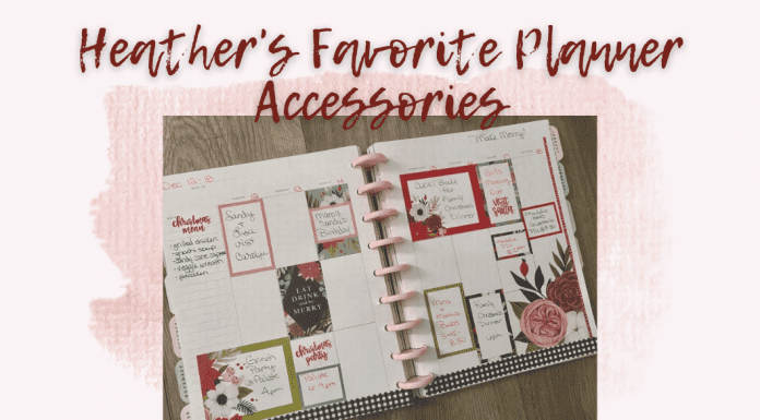 planner with stickers and "Heather's Favorite Planner Accessories" in text