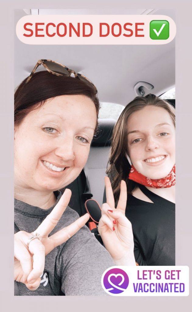 screenshot of mother and daughter holding up two fingers with "SECOND DOSE" in text and Let's Get Vaccinated sticker