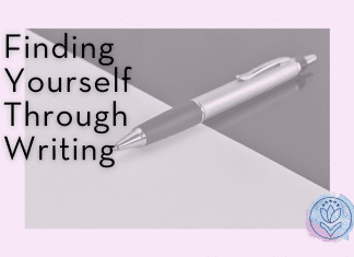 pen on a greyscale background "Finding Yourself Through Writing" in text and MMC logo