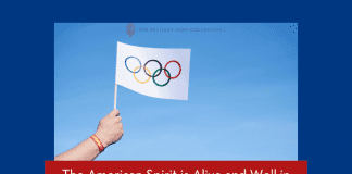 person holding a flag with the Olympic rings with "The American Spirit is Alive and Well in the Olympics" in text with MMC logo
