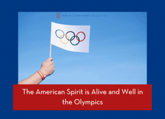 person holding a flag with the Olympic rings with "The American Spirit is Alive and Well in the Olympics" in text with MMC logo