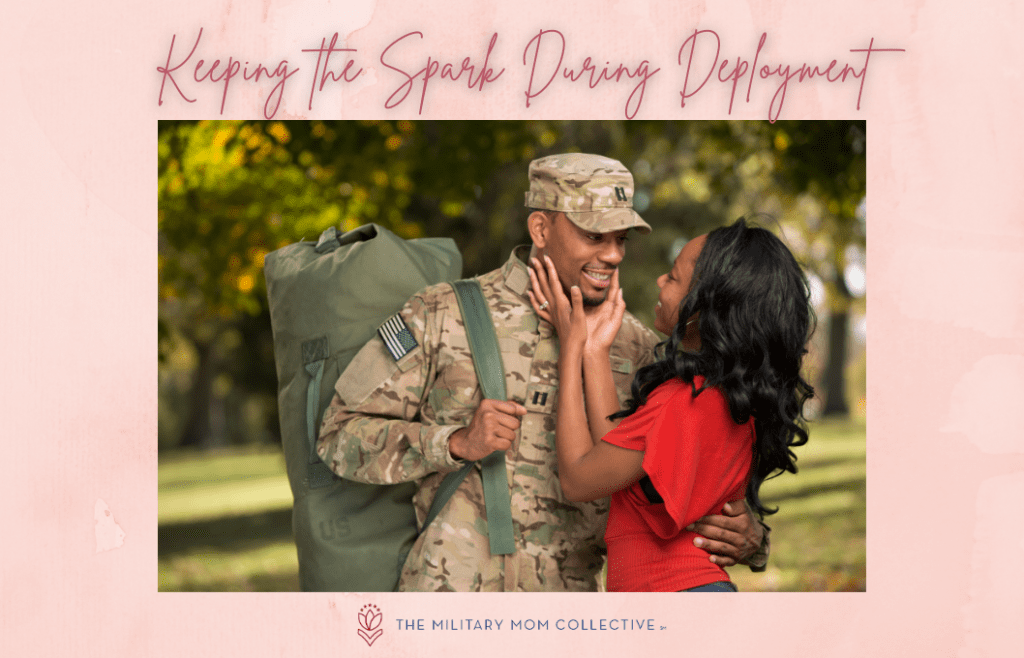 military husband and wife embracing outdoors with "Keeping the Spark During Deployment" in text and MMC logo