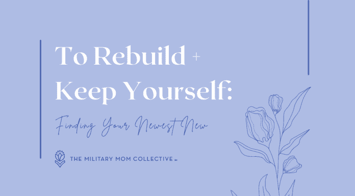 periwinkle blue background with blue floral detail and "To Rebuild + Keep Yourself: Finding Your Newest New" in text and MMC logo