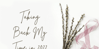 delicate flowers with a pink sheer ribbon and "Taking Back My Time in 2022" in text with MMC logo