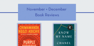 "November + December Book Reviews" in text on a pale blue background with books Purple Hibiscus and Know My Name
