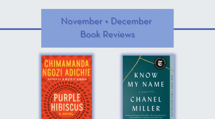 "November + December Book Reviews" in text on a pale blue background with books Purple Hibiscus and Know My Name