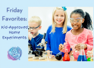 elementary aged kids doing science experiments with "Friday Favorites: Kid-Approved Home Experiments" in text and MMC logo