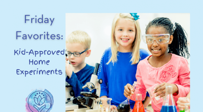 elementary aged kids doing science experiments with "Friday Favorites: Kid-Approved Home Experiments" in text and MMC logo