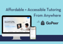 cyan background with navy stripe and "Affordable + Accessible Tutoring From Anywhere With GoPeer" in text and a computer and phone with GoPeer screens