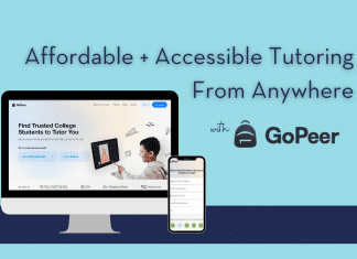 cyan background with navy stripe and "Affordable + Accessible Tutoring From Anywhere With GoPeer" in text and a computer and phone with GoPeer screens