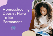 young girl reading a book with "Homeschooling Doesn't Have To Be Permanent" in text and MMC logo
