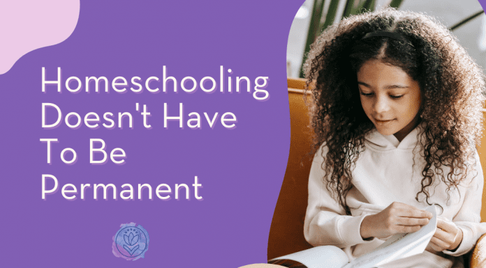 young girl reading a book with "Homeschooling Doesn't Have To Be Permanent" in text and MMC logo