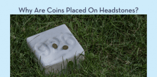 Grave marker with coins on it in the green grass with "Why Are Coins Placed On Headstones?" in text and MMC logo