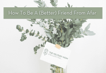 green floral bundle in a vase with a note card from The Military Mom Collective. "How to be a (Better) Friend from Afar" in text